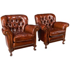 Handsome Pair of Antique Walnut Leather Upholstered Armchairs