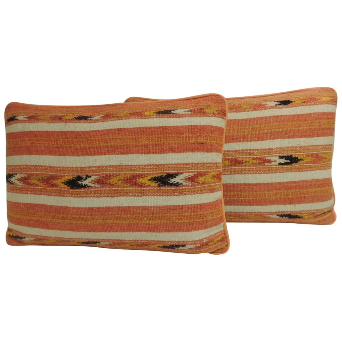 Pair of 19th Century Orange and Yellow Turkish Woven Lumbar Decorative Pillows