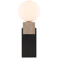 Contemporary Monument Table Lamp - Square in Travertine, Solid Steel and Glass