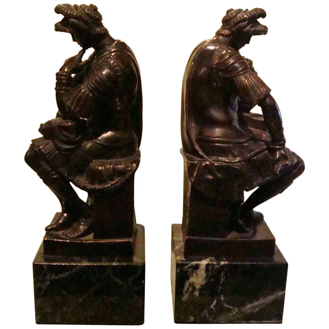 Thinking Roman Bronze Sculpture Bookends after Michelangelo "Lorenzo De Medici"