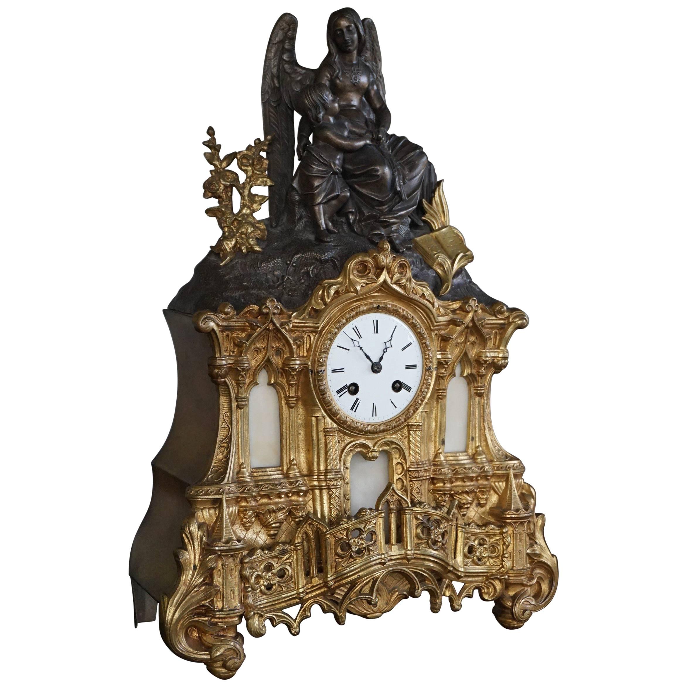 Gilt Bronze Gothic Rev. Heaven & Earth Mantel Clock w. Guardian Angel Sculpture