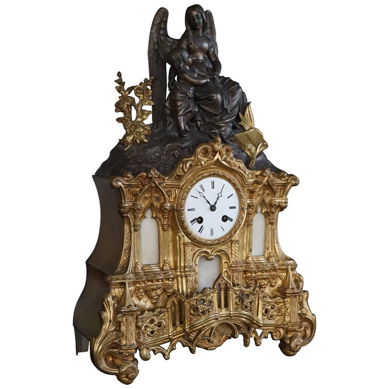 Gilt Bronze Gothic Rev. Heaven and Earth Mantel Clock w. Guardian Angel