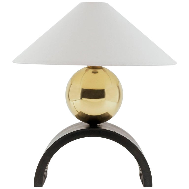 Contemporary U Lamp with Geometric Arched Steel, Brass Sphere and Linen Shade For Sale