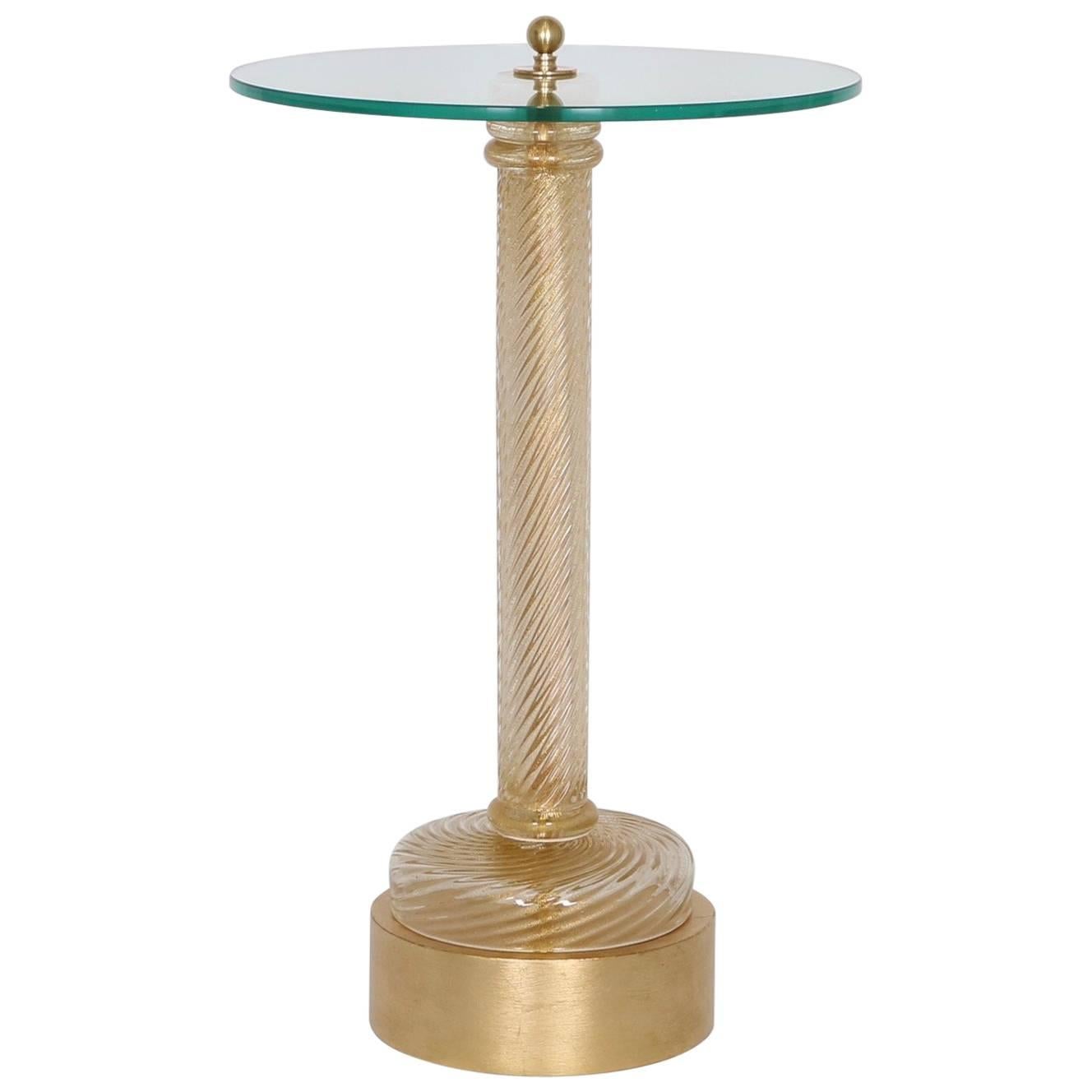 Hollywood Regency Murano Glass Side Table with Gold Flakes and Gilt Wooden Base