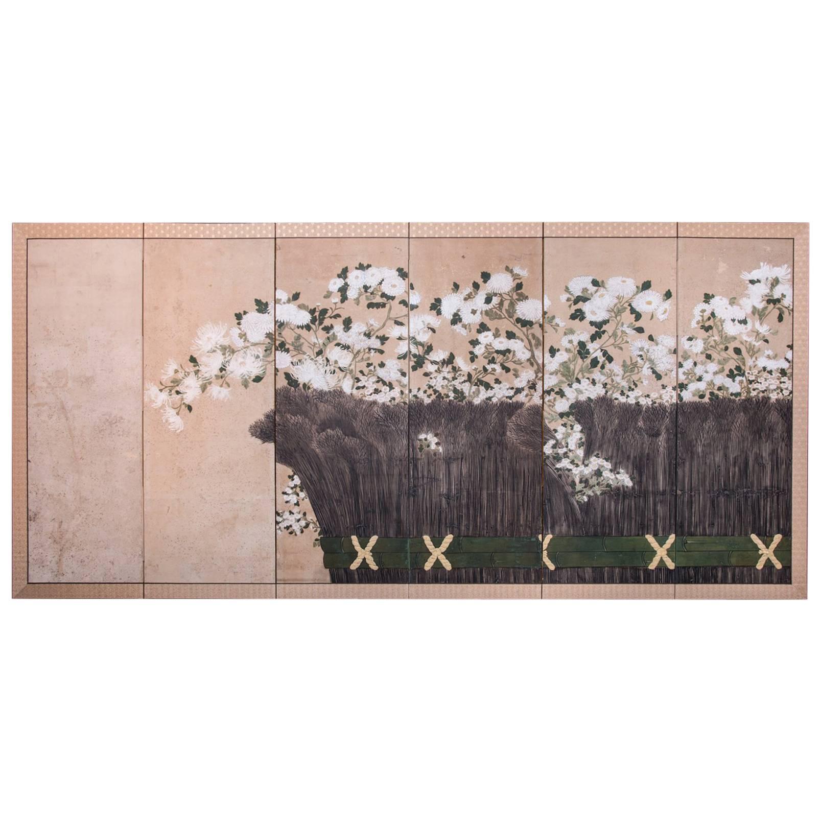 Japanese Six-Panel Screen, Chrysanthemums and Twig Fence With Gold Flakes For Sale