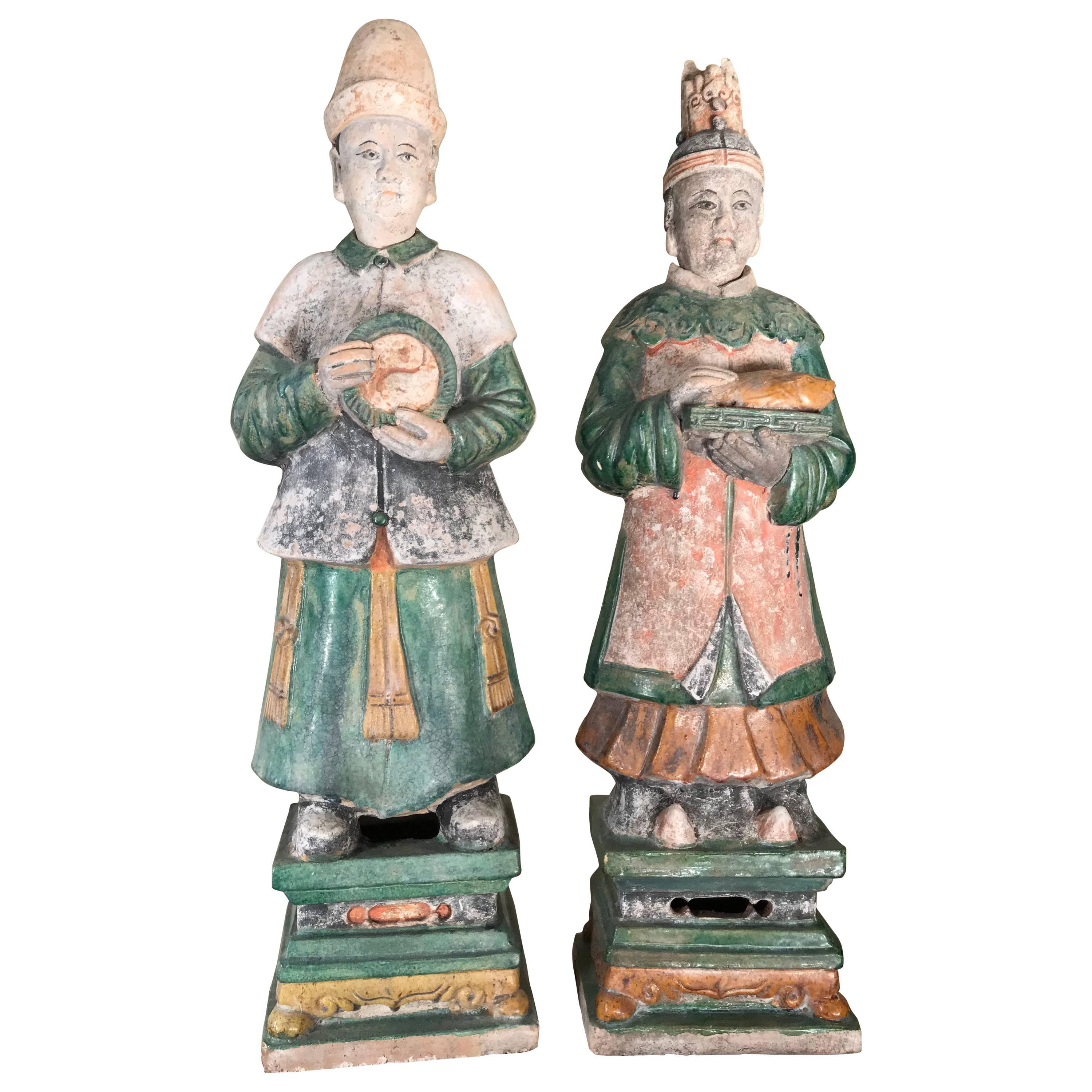 Important Pair Monumental Ancient China Ming Tomb Attendant Sculpture, 1368-1644