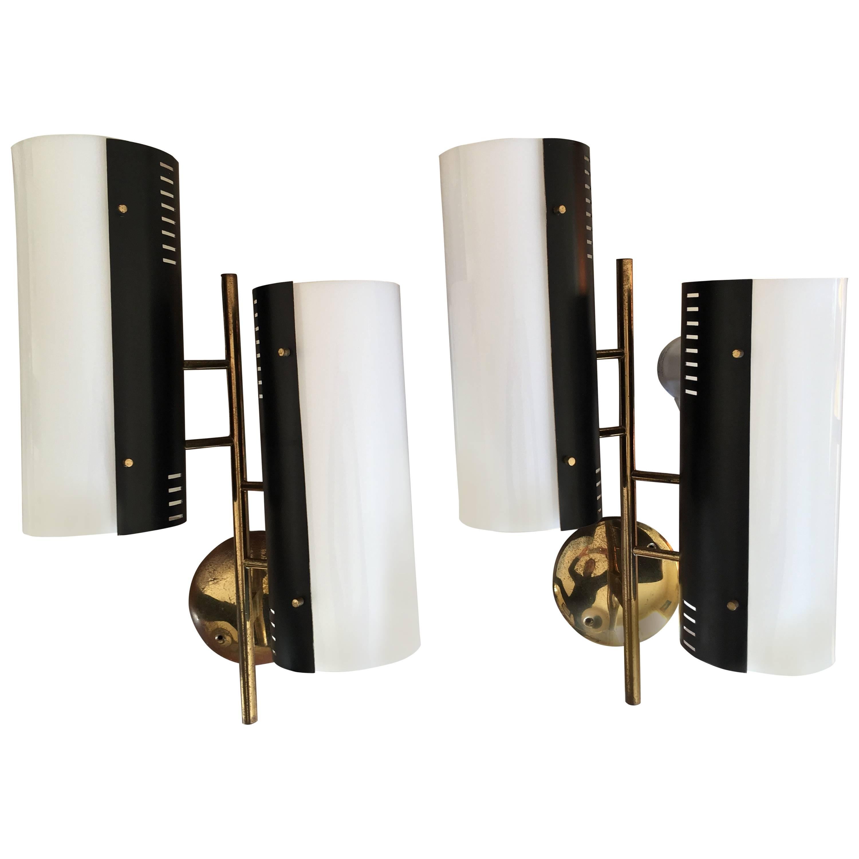Stilnovo Stamped Large Pair of Gilded and Black Metal with Perspex Sconces 1950s For Sale