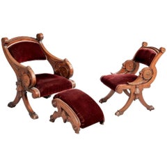 Two Renaissance Revival Chairs and a Foot Stool