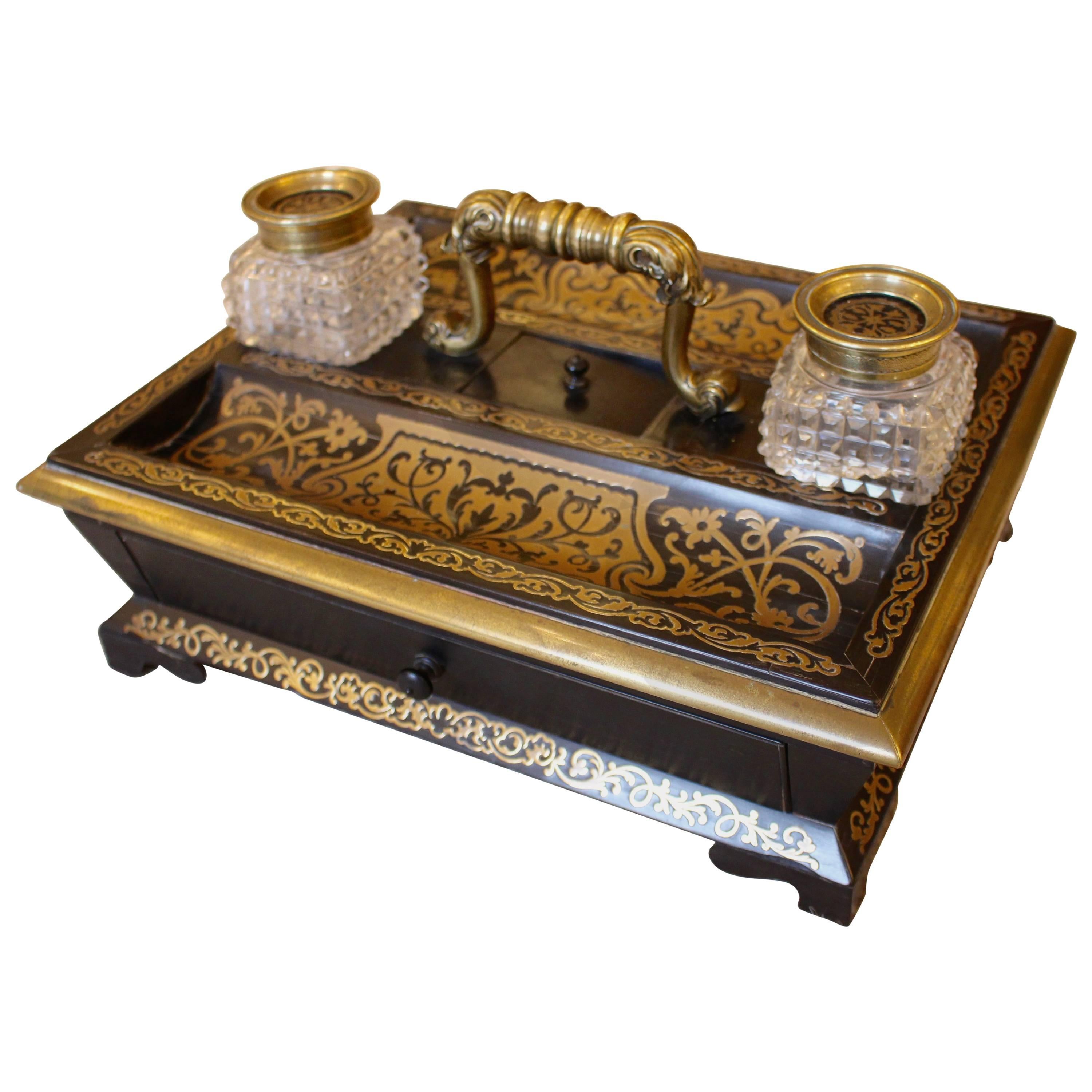 A Mid 19th Century Ebony and Boulle Inkwell Desk Stand