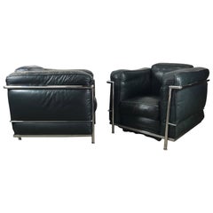 Pair of Le Corbusier LC-2 Style Leather Lounge Chairs, 1980s, Italy