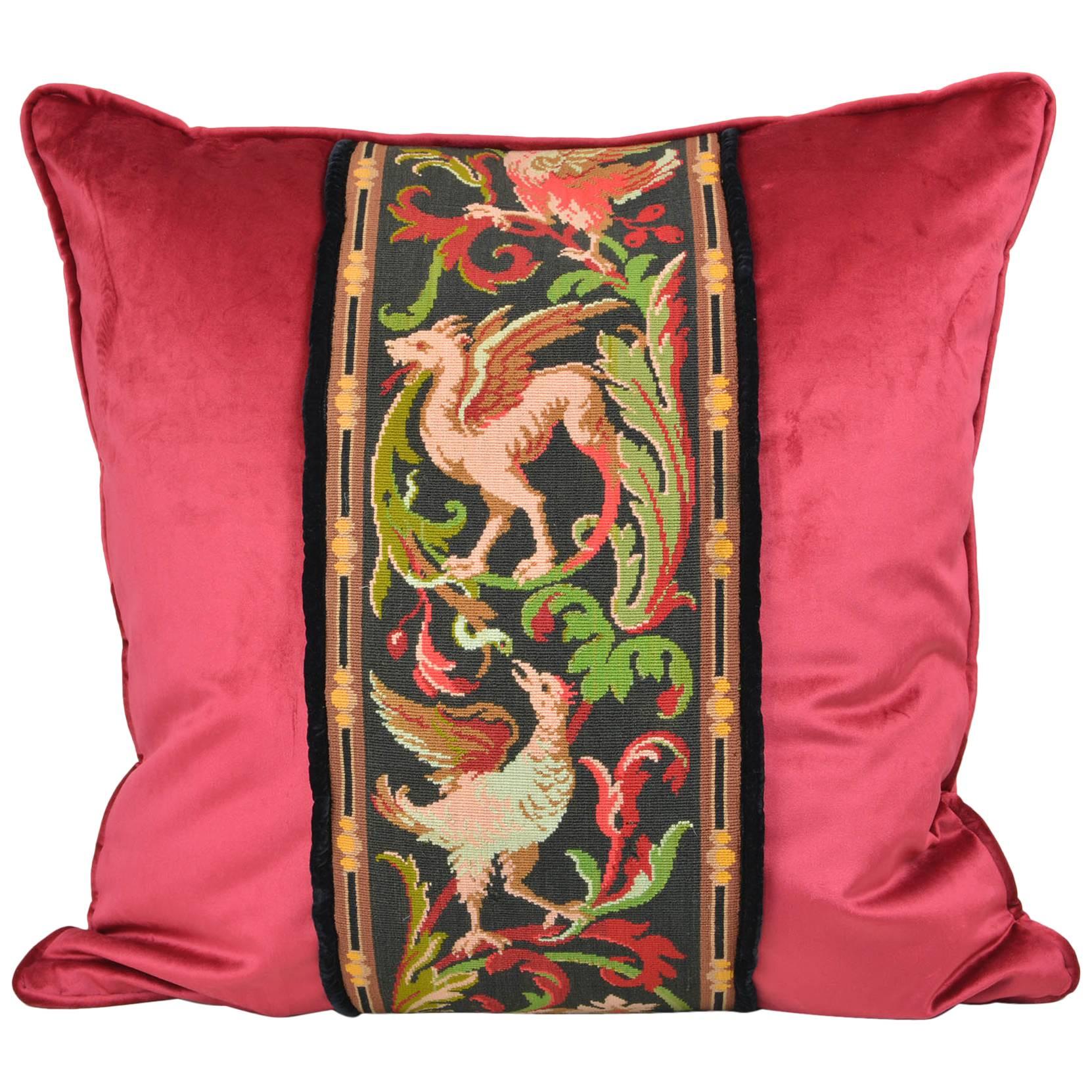 Tapestry Pillow Griffin Phoenix Red 22" Square For Sale