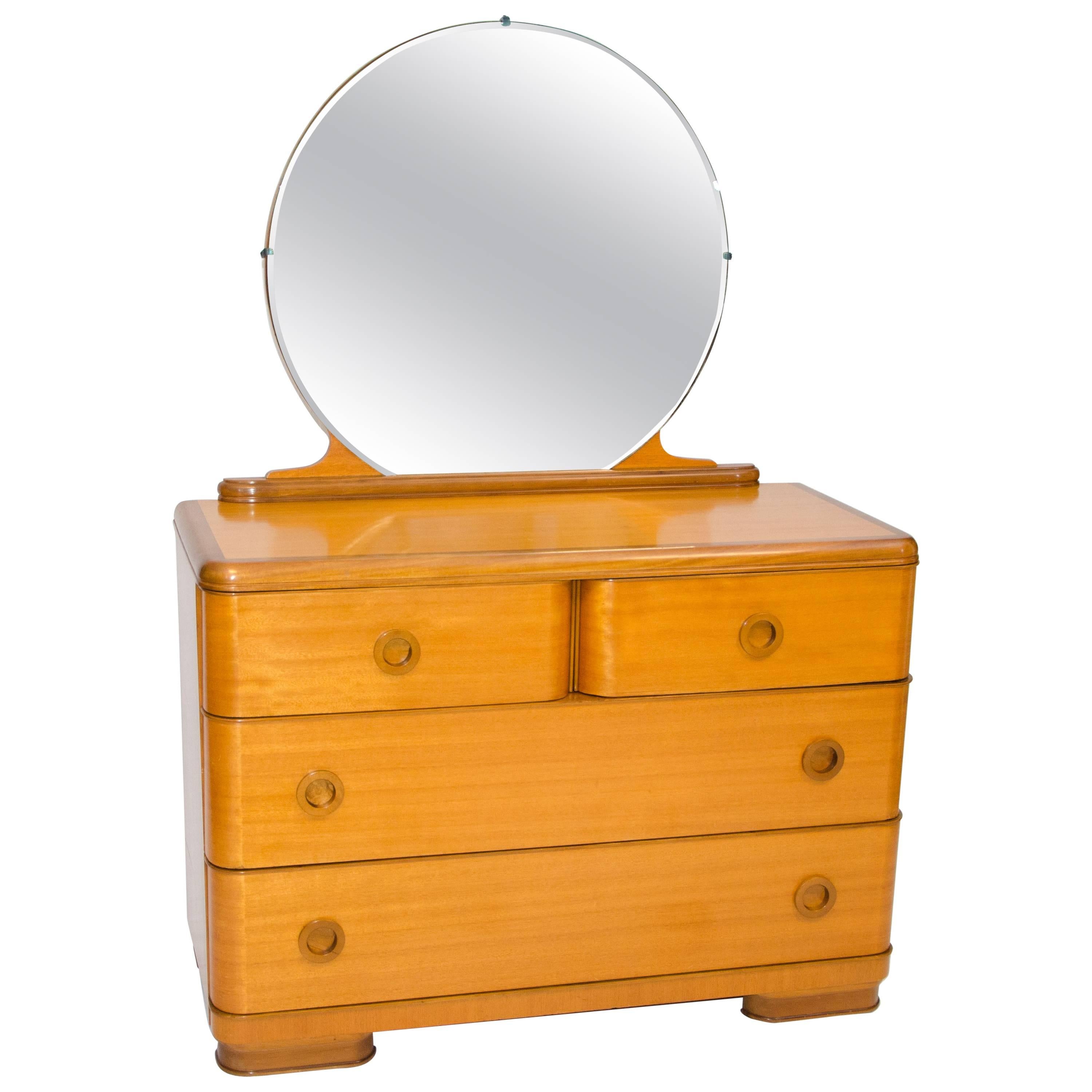 Blonde Art Deco Mahogany Dresser with Mirror