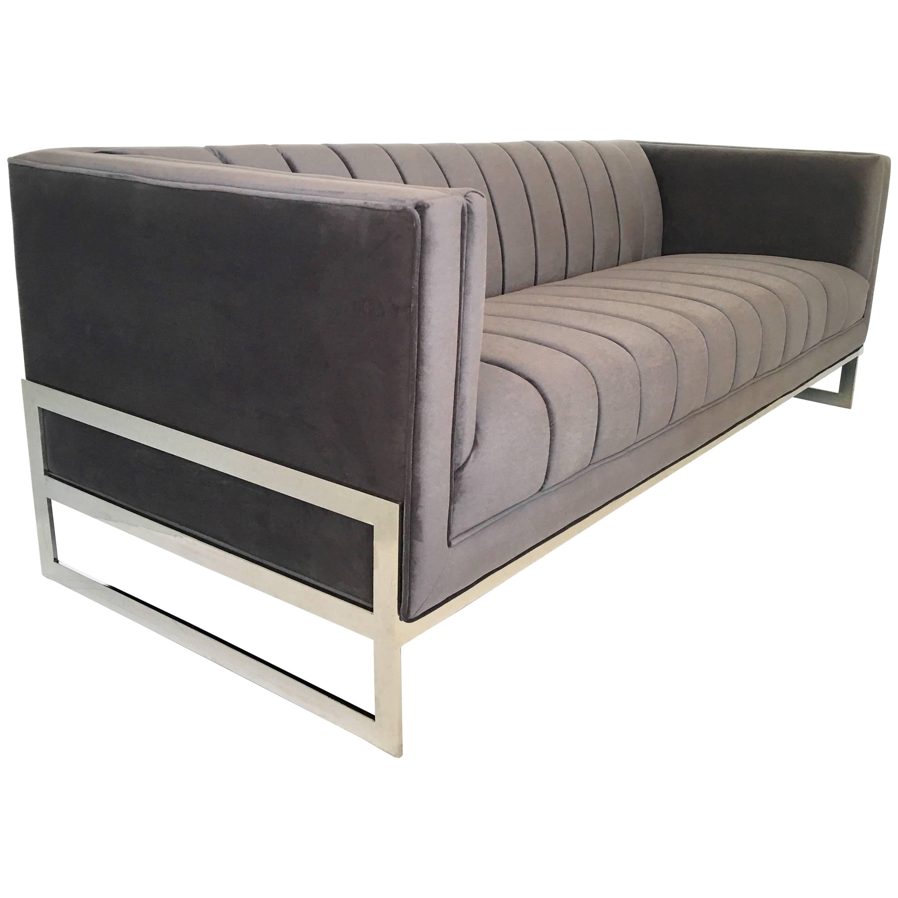 Mid-Century Modern Channel Design Floating Flat Bar Chrome Frame Sofa For Sale