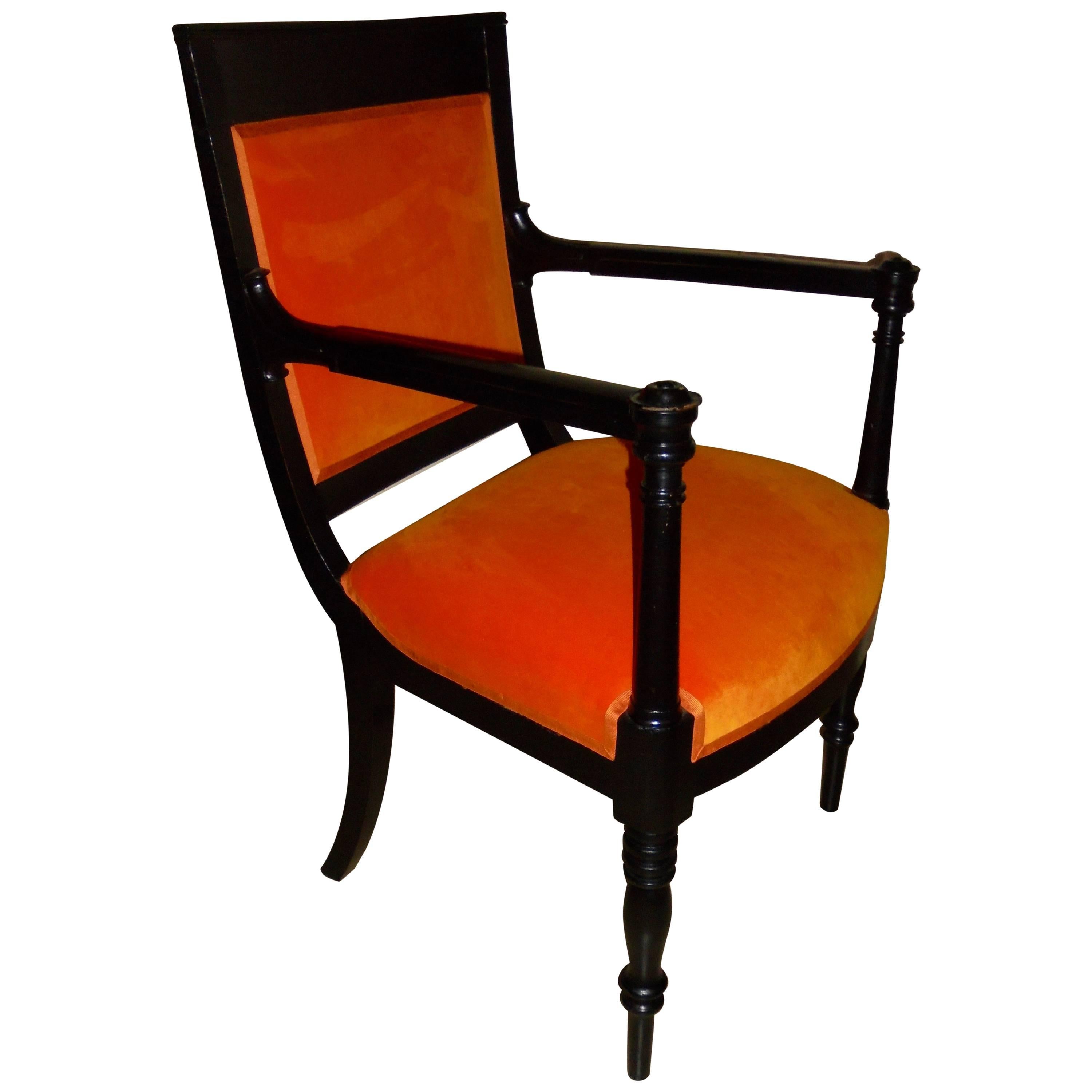 Elegant Black Lacquer and Orange Velvet Klismos Armchair For Sale