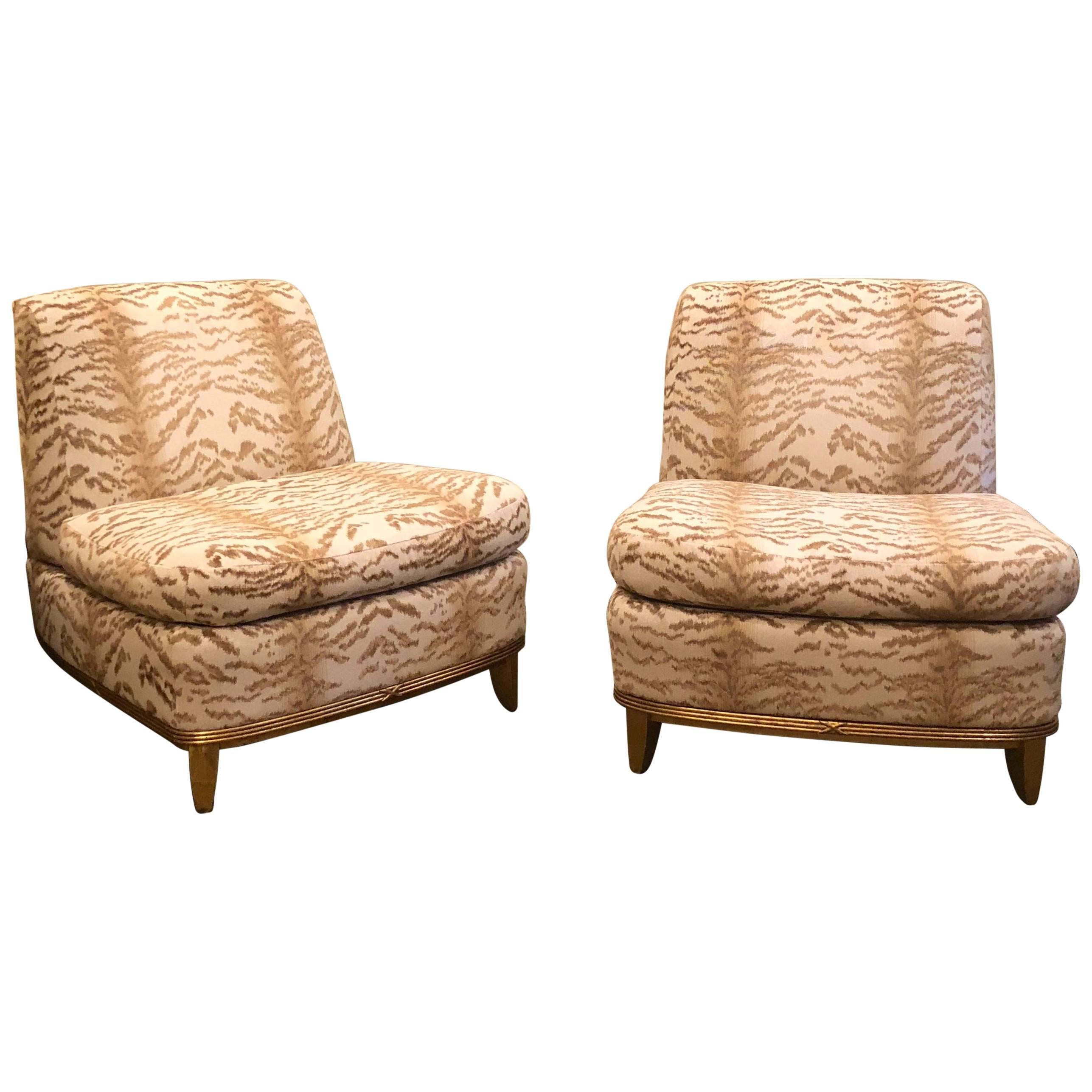 Pair of Deco Style Giltwood Slipper Lounge Chairs