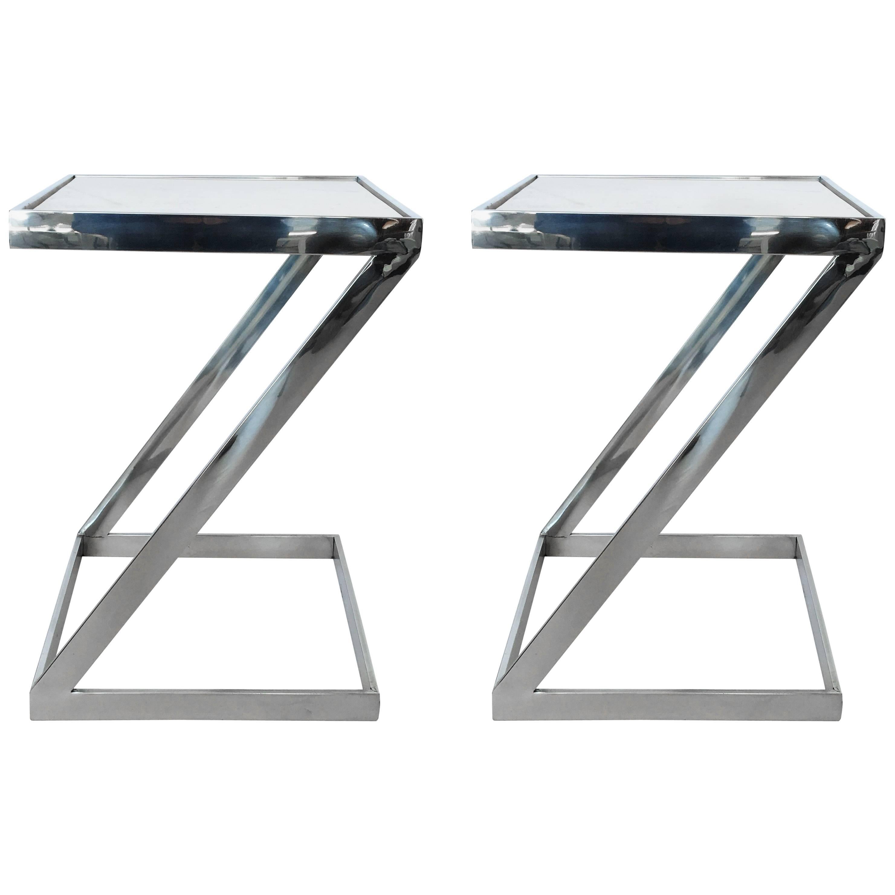 Pair of Milo Baughman Style Chrome and Marble Z Shaped End Tables For Sale