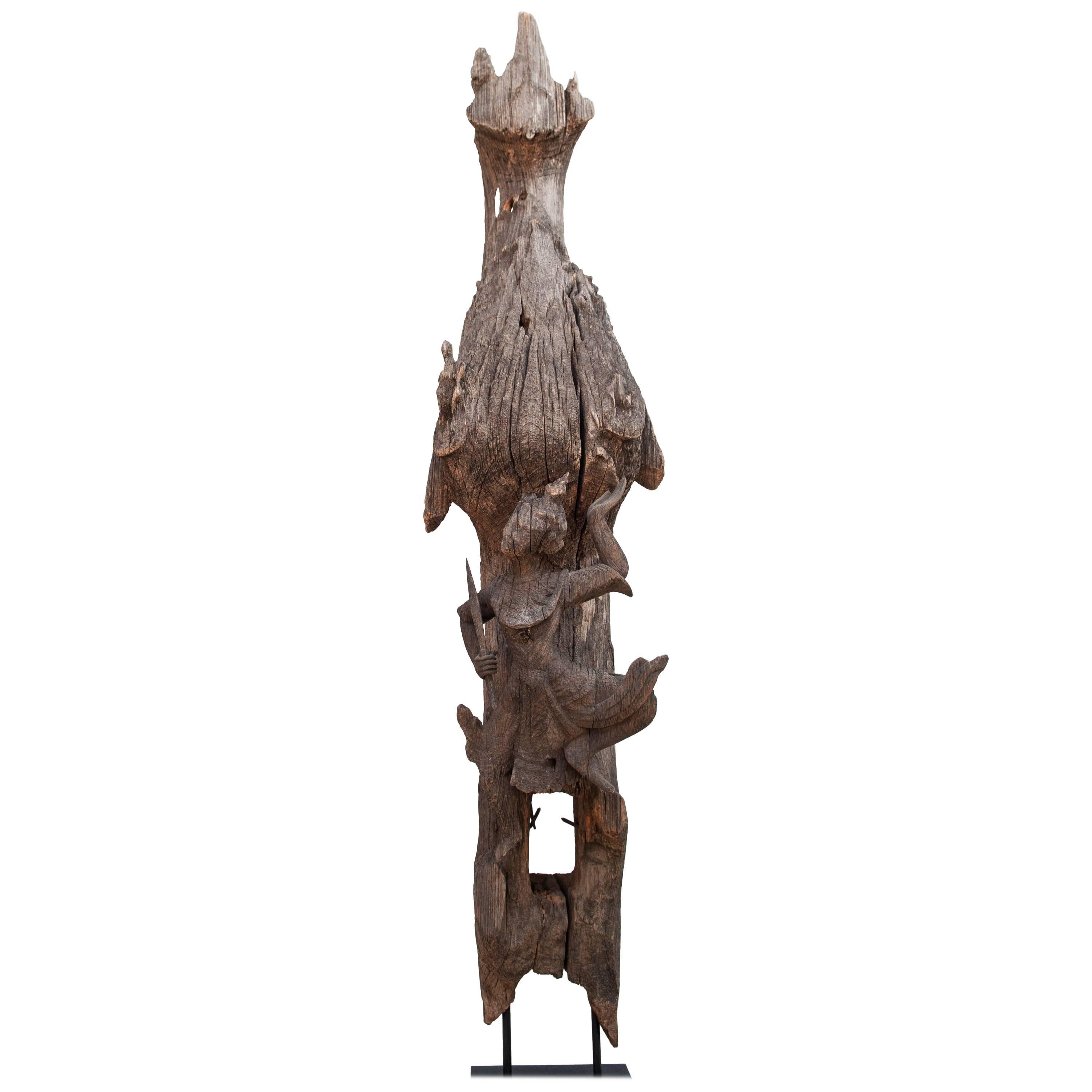 Chofa Roof Finial from Burma, Carved and Eroded Teak Wood, Early 20th Century