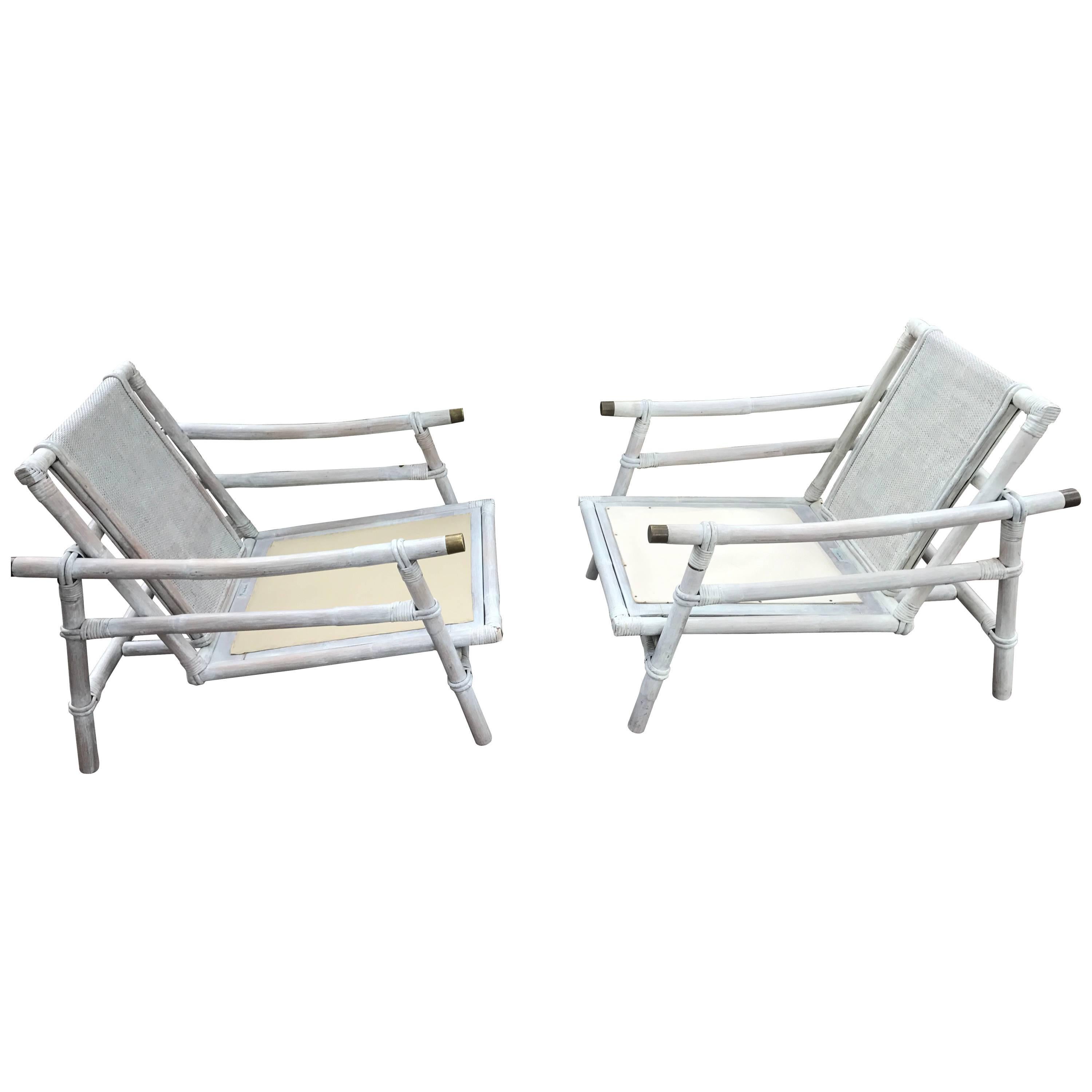 Restored White Wash Ficks Reed Pair Lounge Chairs with Ottoman Stool For Sale