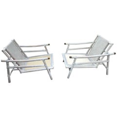 Restored White Wash Ficks Reed Pair Lounge Chairs with Ottoman Stool