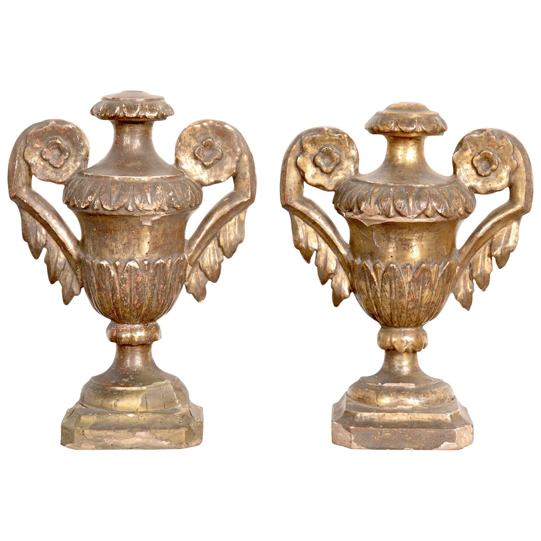 19th Century Pair of Hand Carved Giltwood Italian Porte Palm Altar Urns