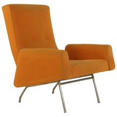 Fauteuil en laine orange sur base tubulaire, fabriqué par Zol, années 1950