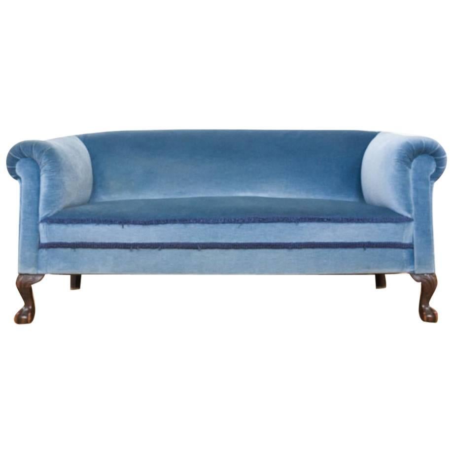 Early 20th Century Blue Velvet Sofa on Mahogany Ball and Claw Feet For Sale