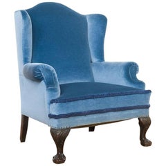 Antique Blue Velvet Wingback Chair on Mahogany Ball and Claw Feet