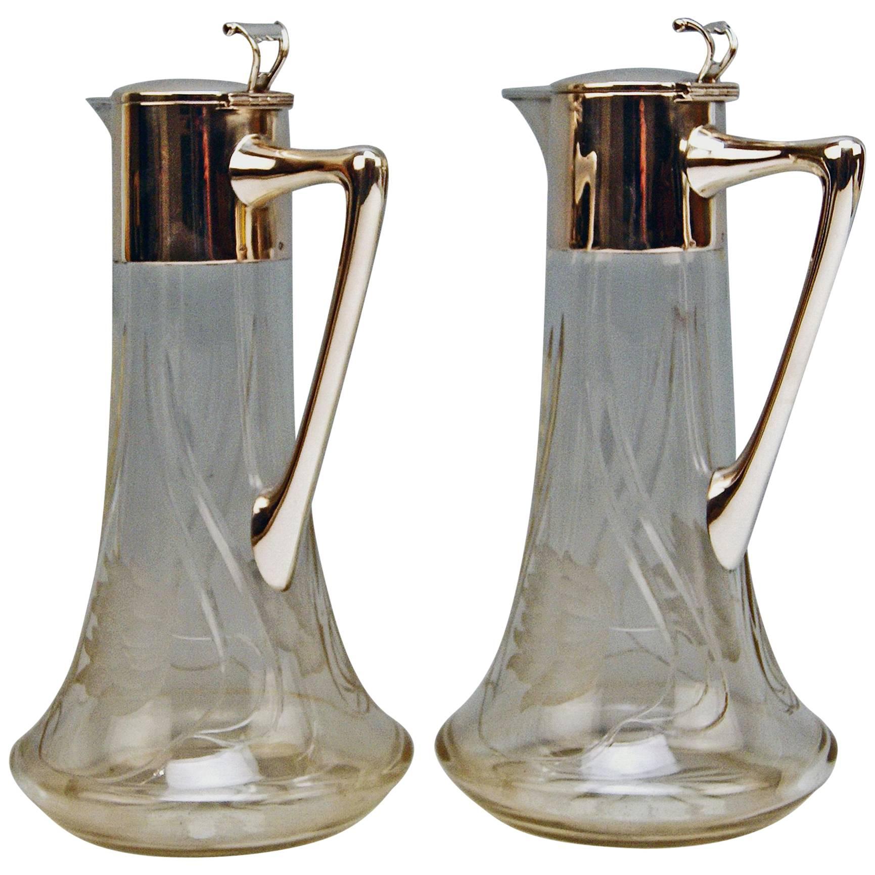 Silver 800 Two Jugs Decanters Glass Art Nouveau Alexander Birkl Vienna, 1900