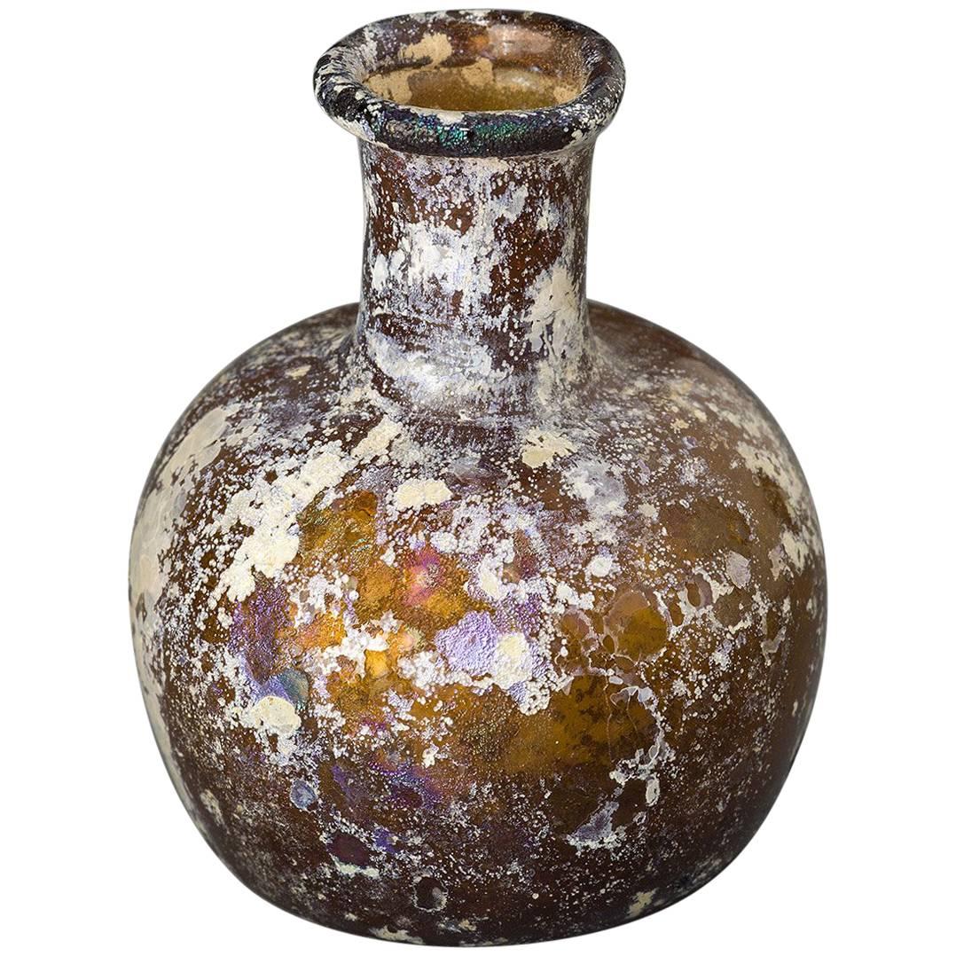 Ancient Roman Glass, small Bottle with bulbous body For Sale