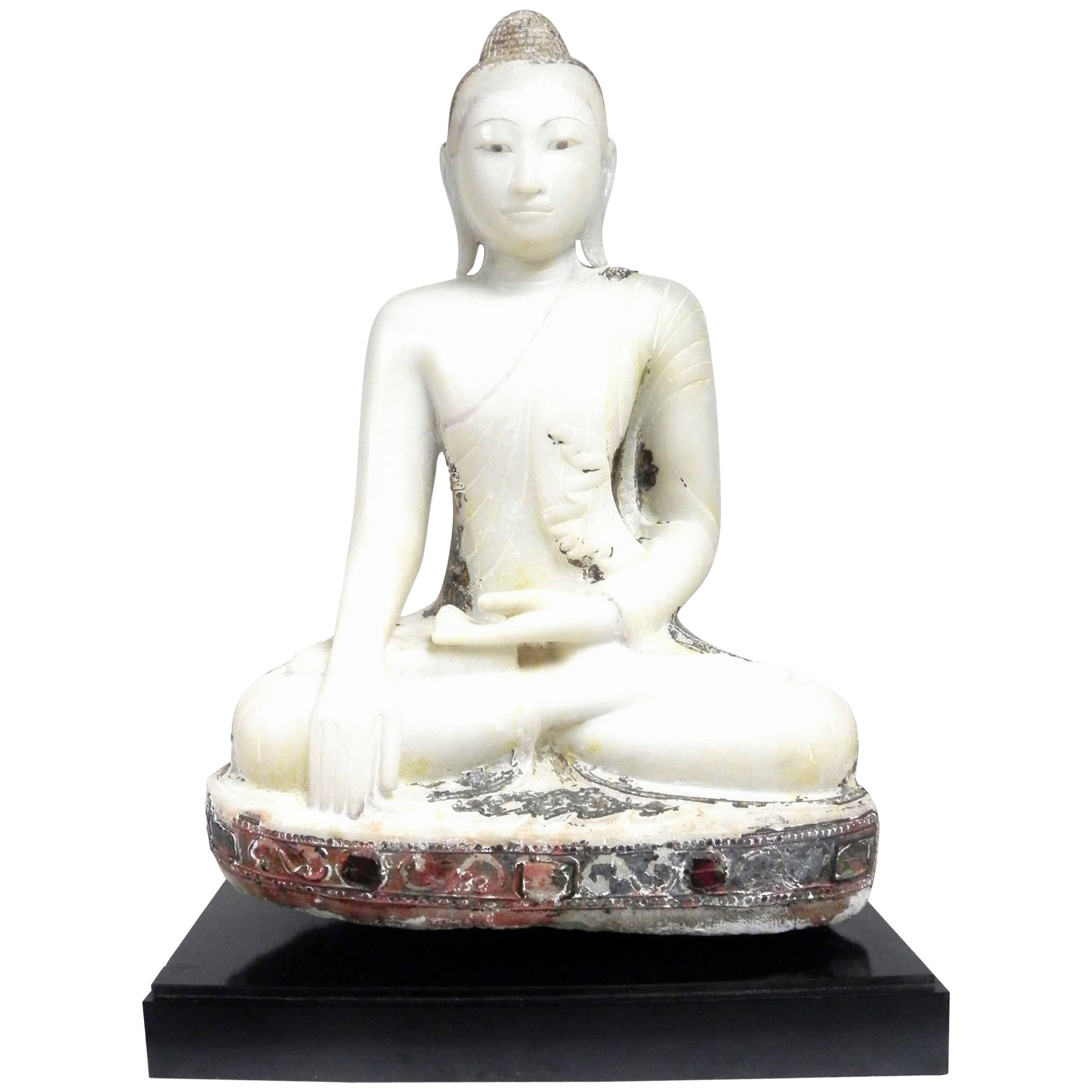 Antique Burmese Marble Seated Buddha Sculpture, Mandalay, Lacquer&Glass Remains