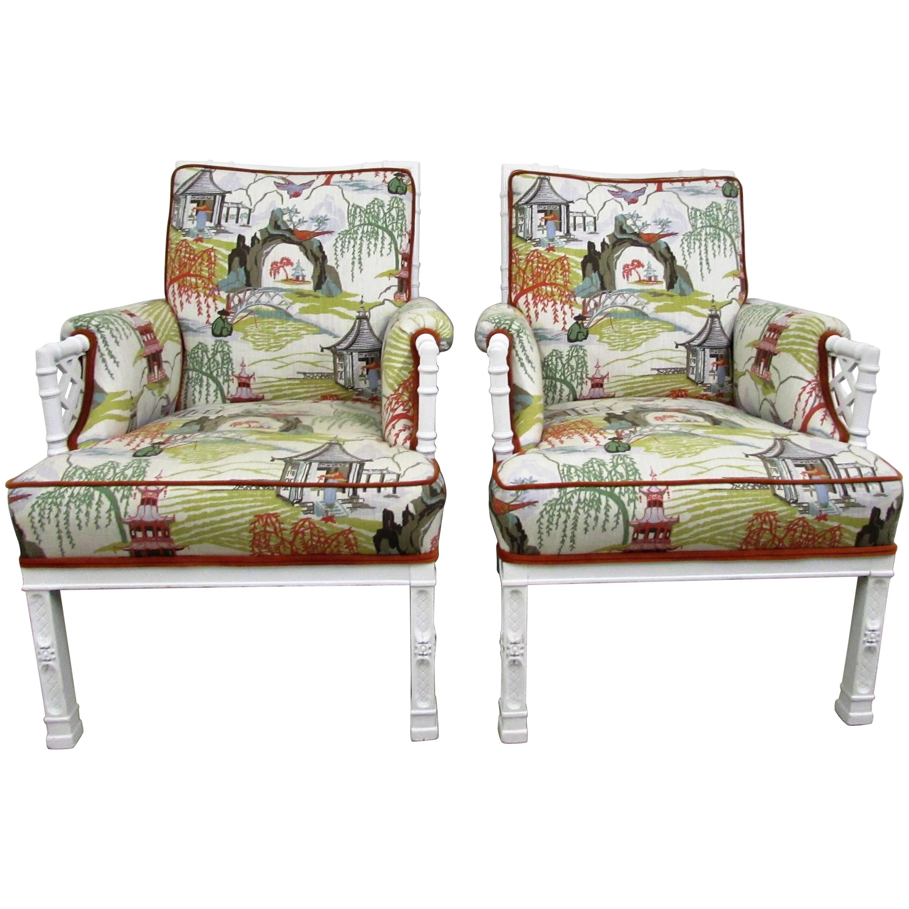 Pair of Toile Chinoiserie and Faux Bamboo Armchairs For Sale