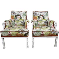 Pair of Toile Chinoiserie and Faux Bamboo Armchairs
