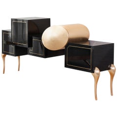 Black Lacquered Wooden Sideboard With Gold Leaf And Brass