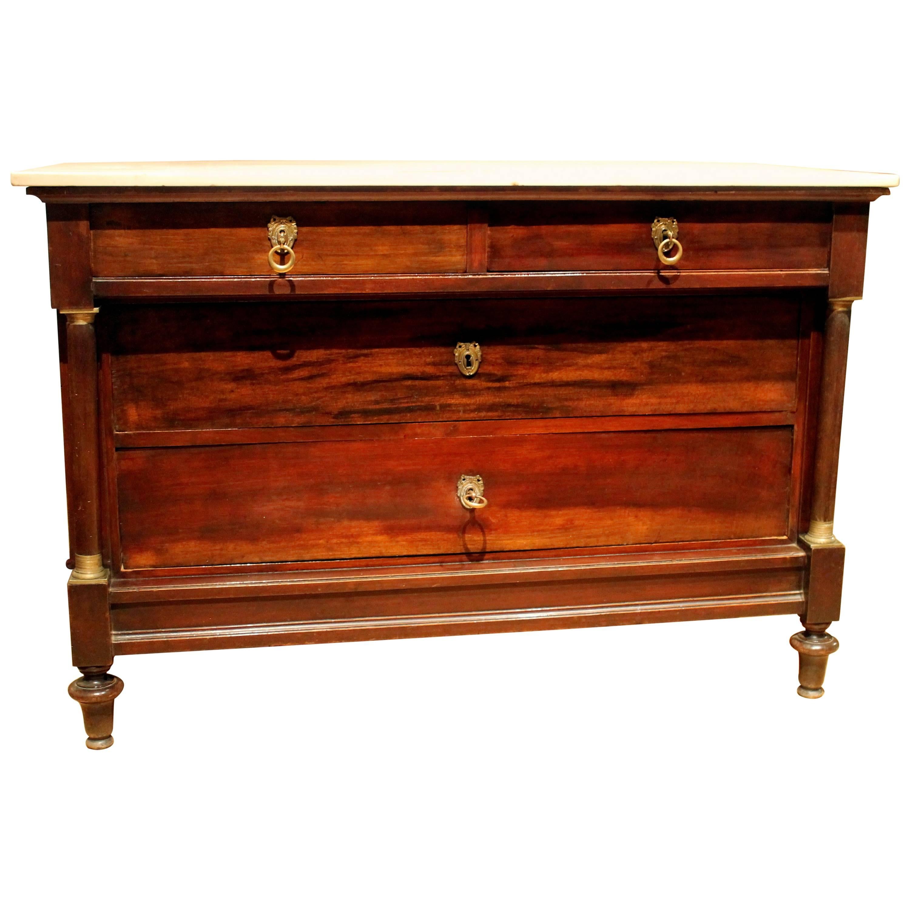 Italian Mahogany and Bronze Late Empire Chest of Drawers with White Marble Top