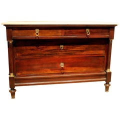 Antique Italian Mahogany and Bronze Late Empire Chest of Drawers with White Marble Top