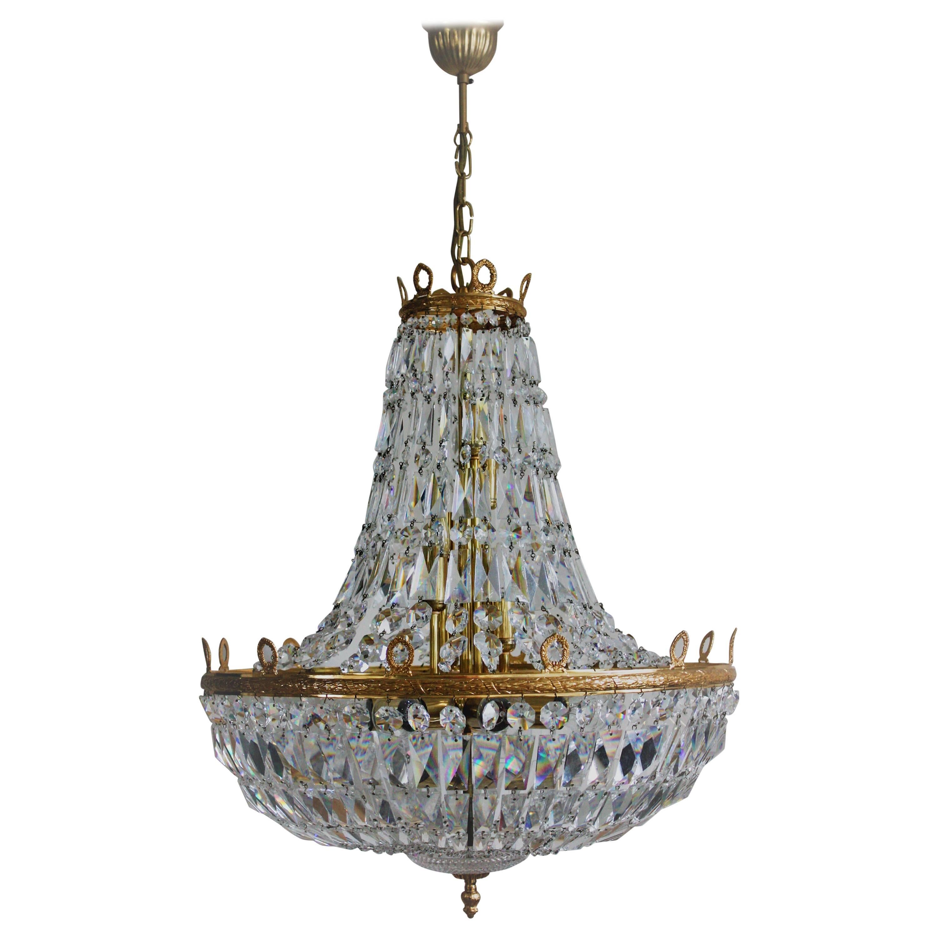 Huge Gold- Plated Empire Style Crystal Chandelier by Palwa, Germany, 1960s