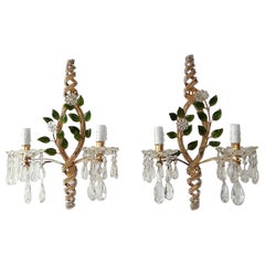 French Maison Baguès Style Clear with Green Leaves Beaded Sconces