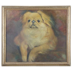 Vintage Pekingese Dog Oil Painting on Board