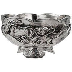 Antique 19th Century Japanese Meiji Period Solid Silver Dragon Bowl, circa 1890