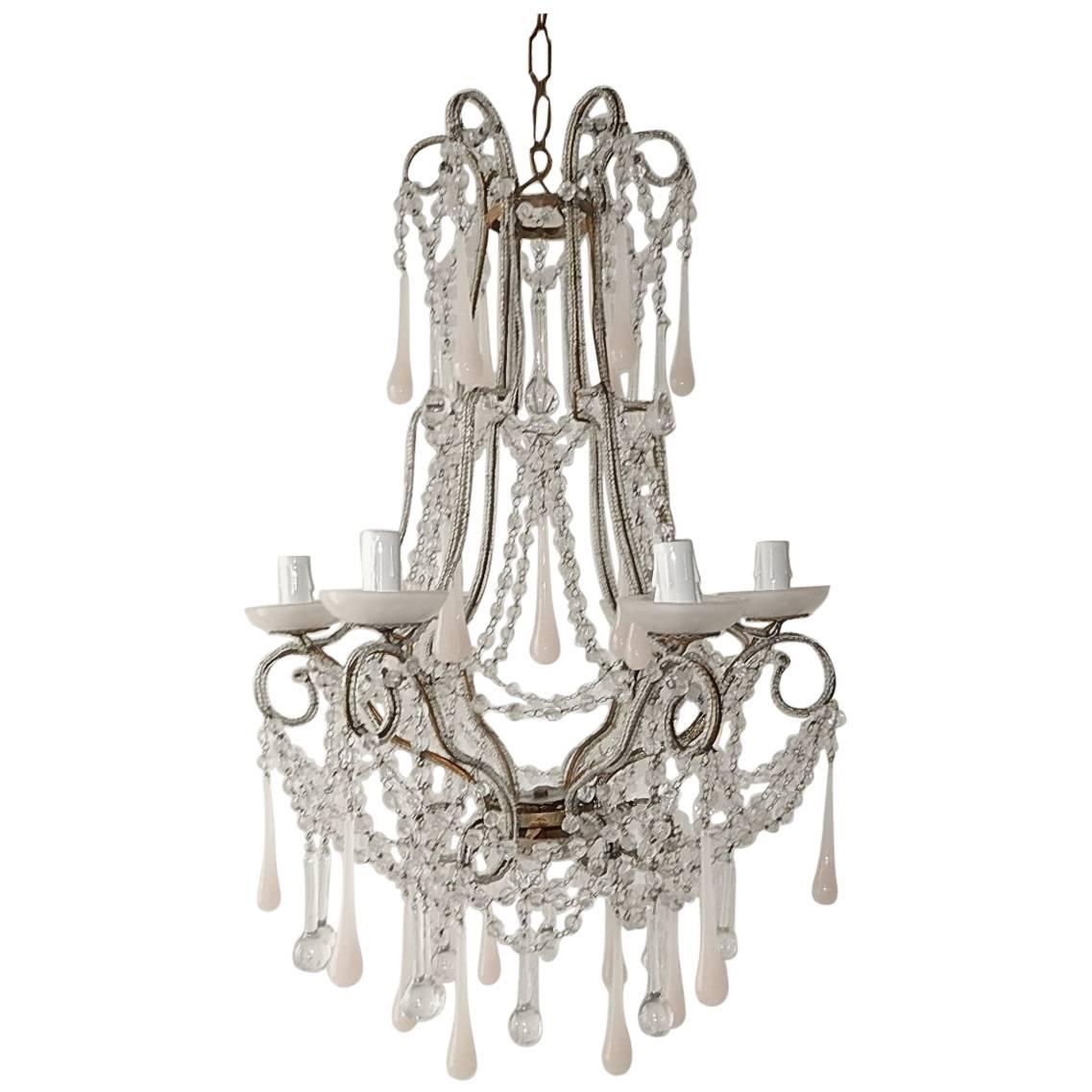 French Pink Opaline Murano Drops & Bobeches Beaded Chandelier