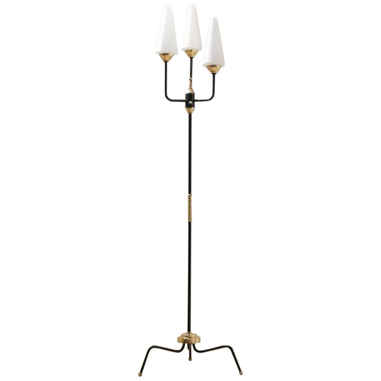 Midcentury French Maison Arlus Tripod Opalescent Glass and Brass Floor Lamp For Sale