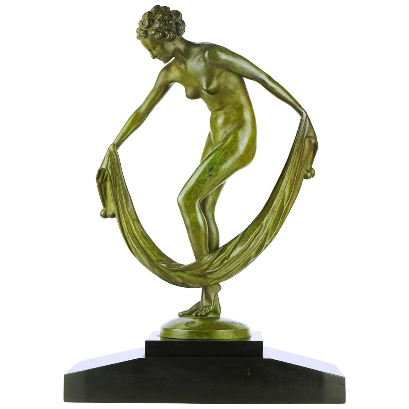 Art Deco Bronze of a Naked Dancer with a Veil by Leonildo Giannoni  For Sale