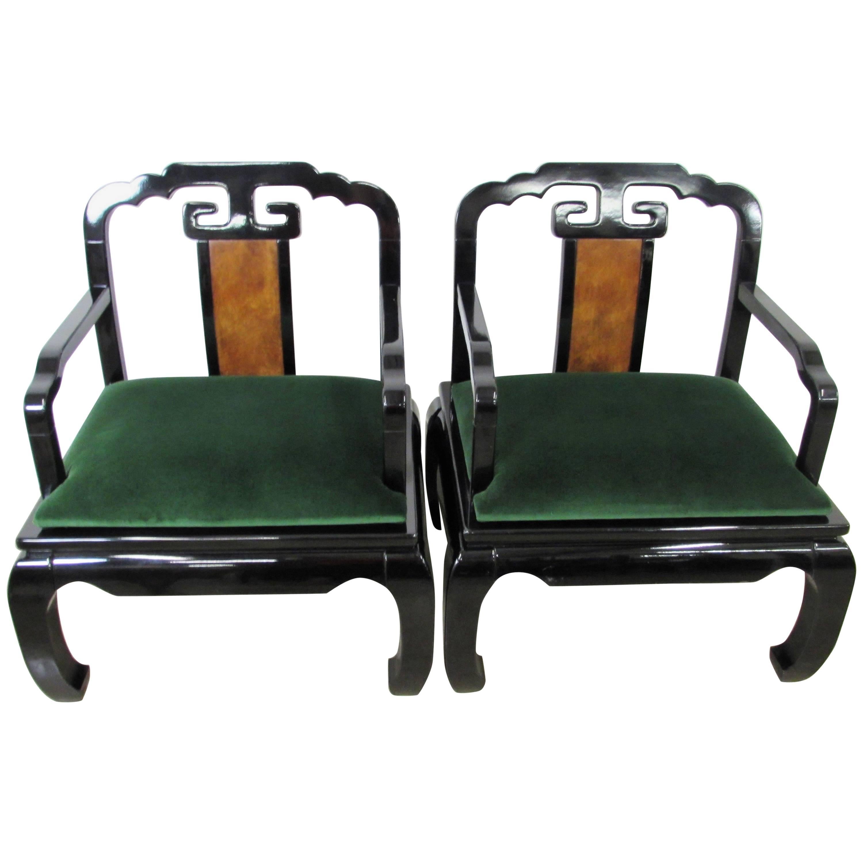James Mont Asian Inspired Armchairs in Black Lacquer, Pair For Sale