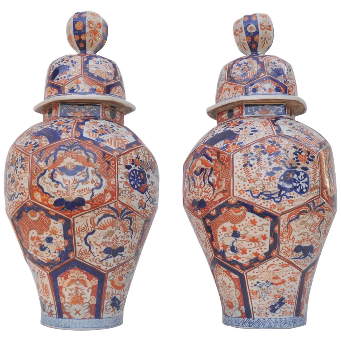 Large Pair of Japanese Imari Vases and Covers For Sale