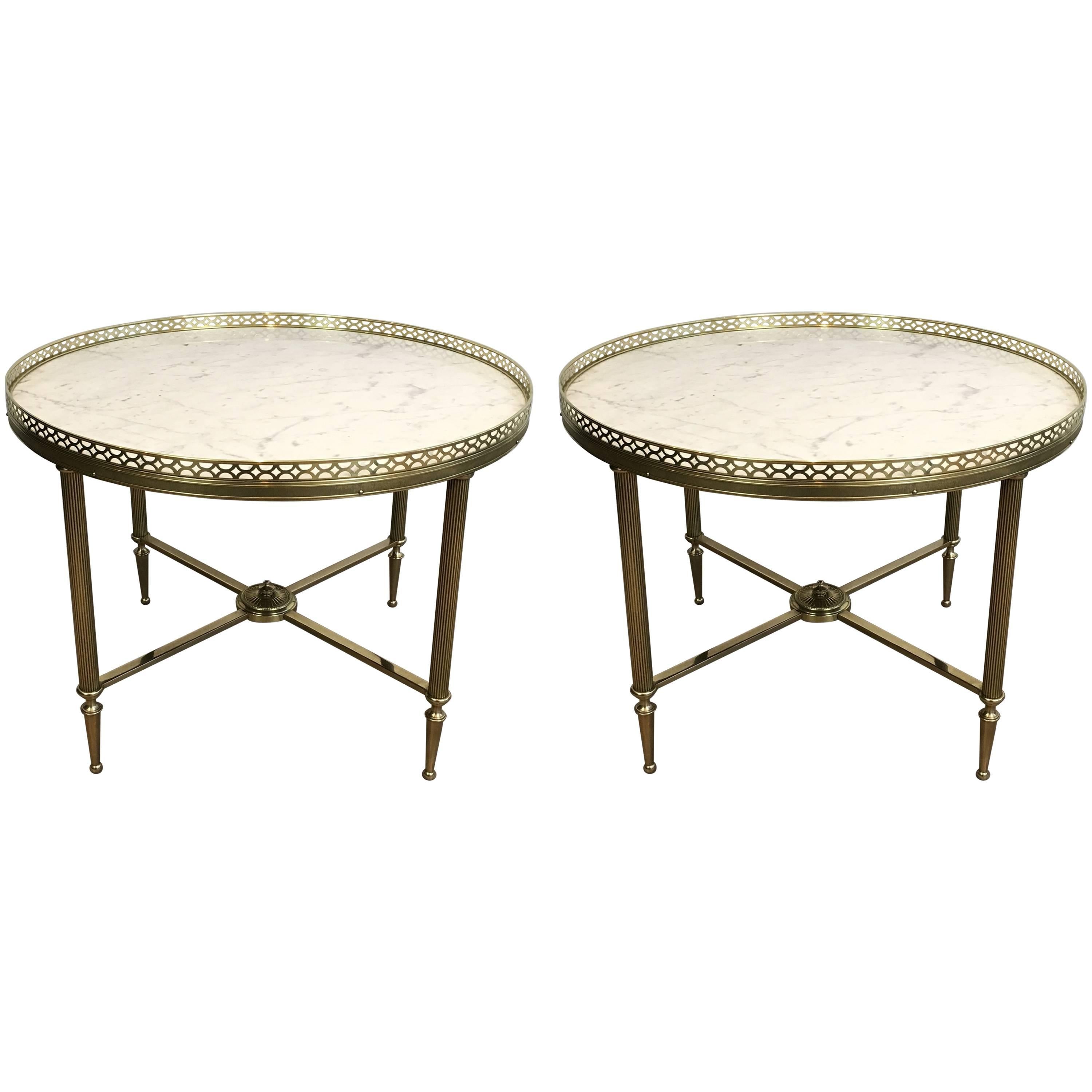 Pair of Brass End Tables with White Marble Tops by Maison Jansen
