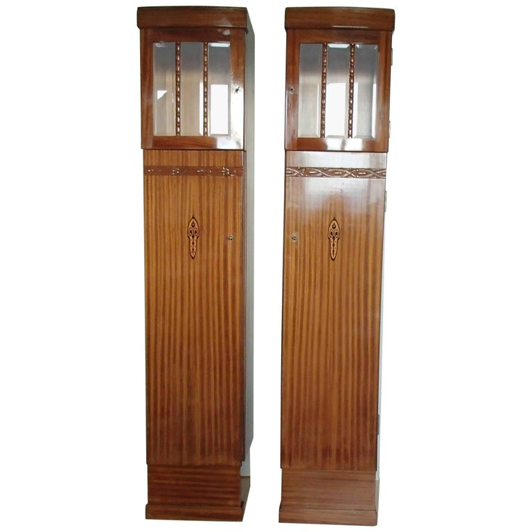 Pair of Art Nouveau Small Armoires or Cabinets Mahogany and Glass with Inlay For Sale