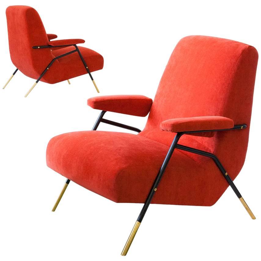 Italian Modern Orange Velvet Lounge Armchairs  , 1950s