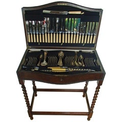 19th Century Oak Table with Cutlery for Twelve Persons Harrison Fisher Sheffield