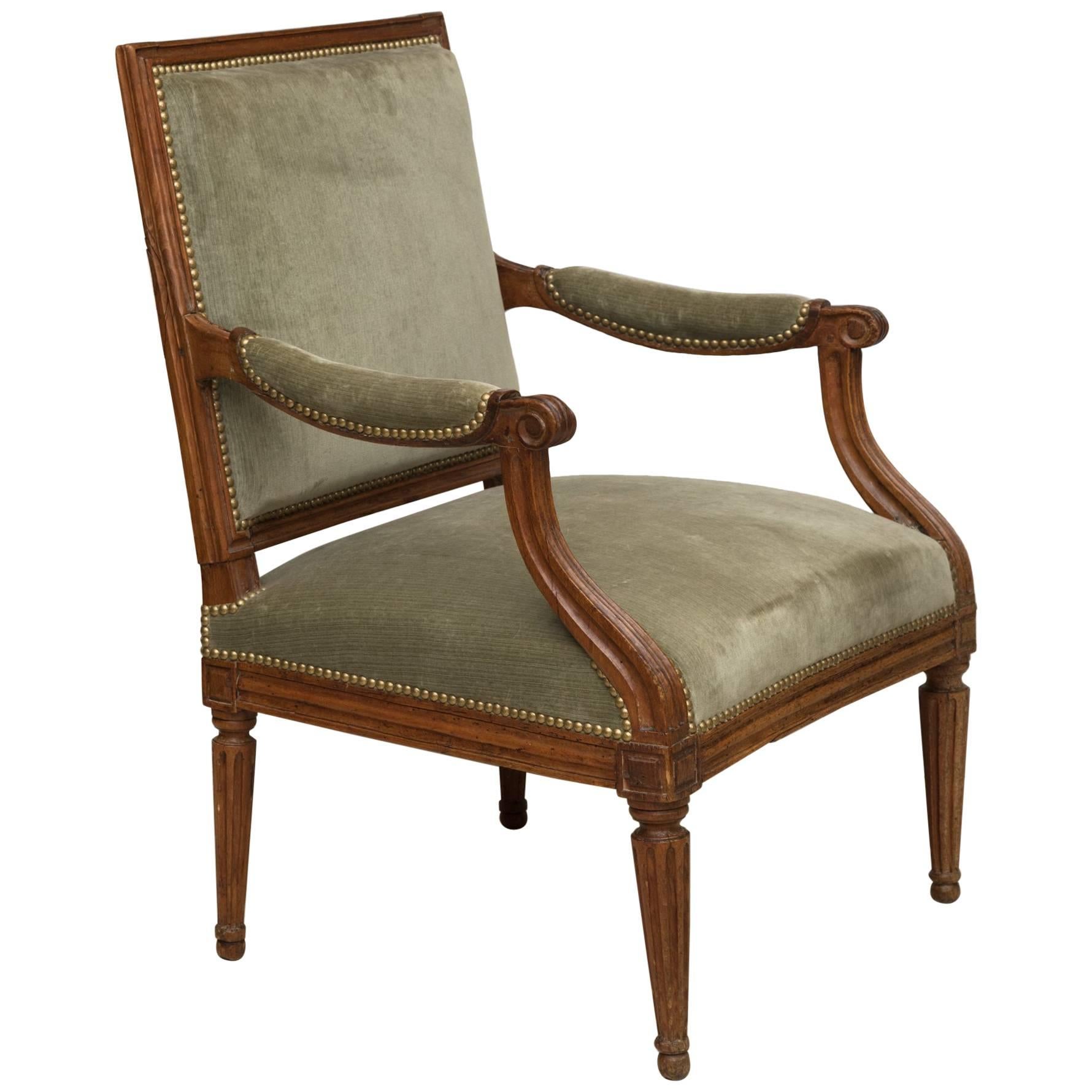 Louis XVI Beech Fauteuil or Armchair Upholstered in Sage Green Velvet For Sale