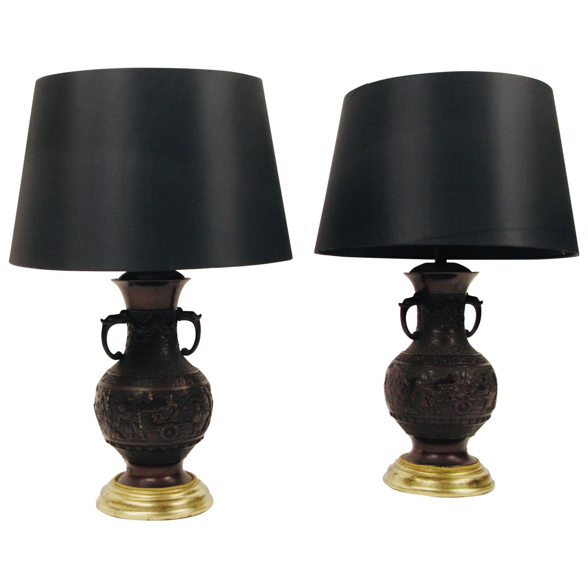 Chinese Style Bronze Vase Lamps on Gilt Bases For Sale